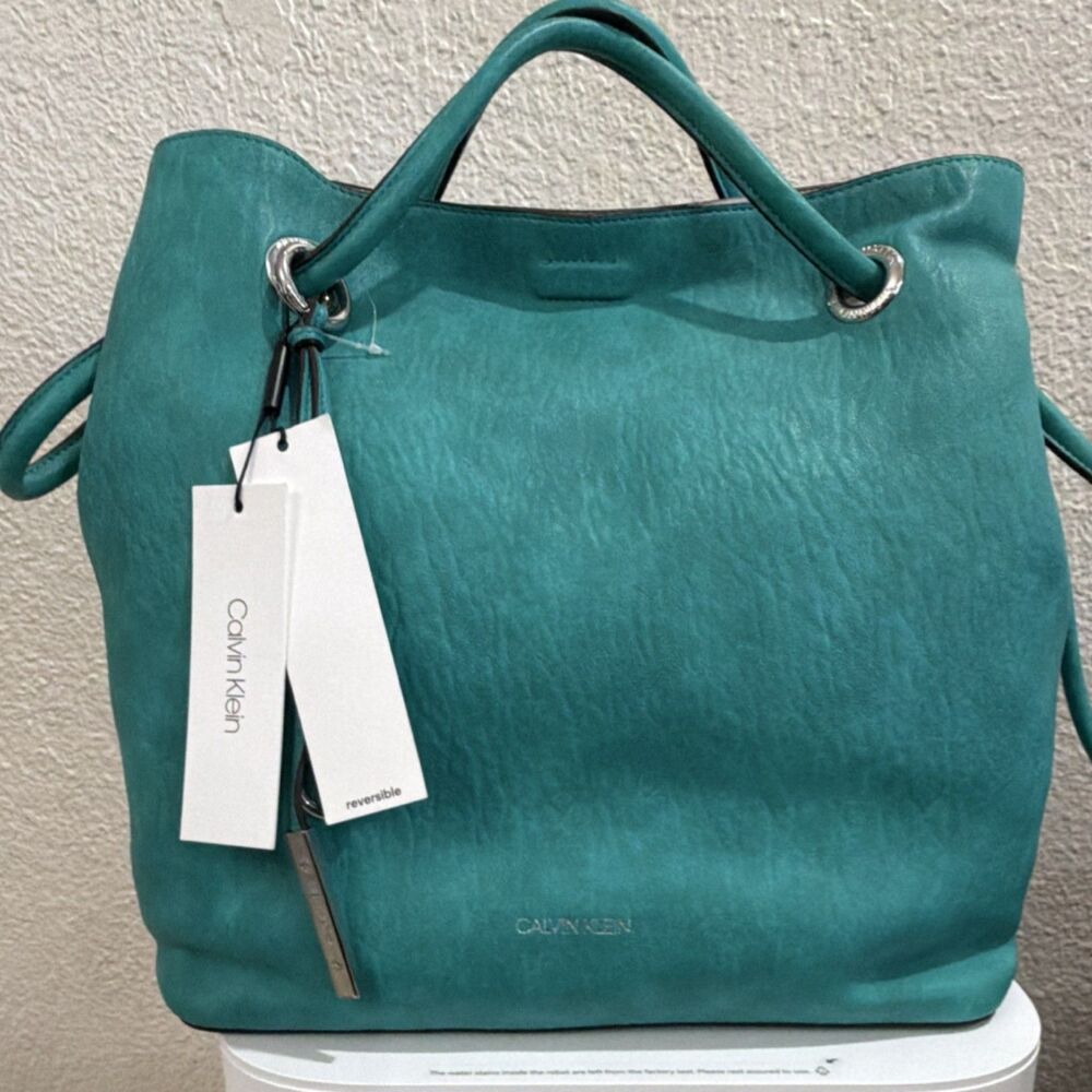 Calvin Klein Turquoise Reversible Tote Grommet Accent Silver Hardware